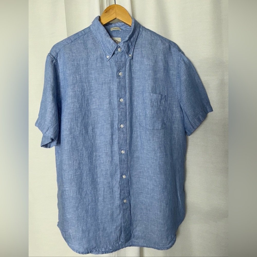 J Crew Baird McNutt Shirt Mens Blue Irish Linen Button Down Short Sleeve Large